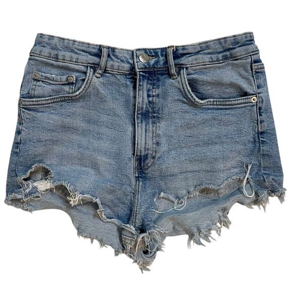 Zara Denim Shorts Womens Size 8 High Rise Distress Cut Off Raw Edge Boho Hippie - Picture 1 of 8